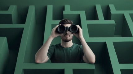 Man in a Green Maze Looking Through Binoculars Against a Monochromatic Background, Symbolizing Search, Exploration, and Discovery in Life's Complexities