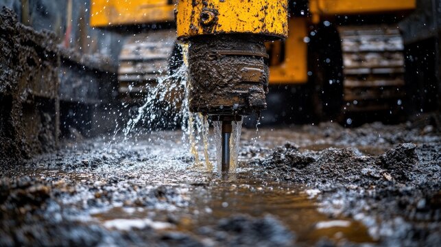 Close-up of muddy drill bit penetrating soil.