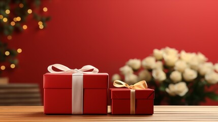 Wooden gift box with an empty card mockup alongside a closed gift box with solid red background