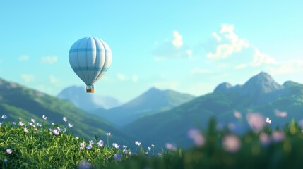 Naklejka premium Colorful hot air balloon drifting over vibrant flowers and lush green mountains under a clear blue sky, capturing the essence of adventure and tranquility in nature.