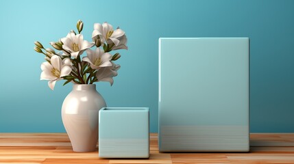 Wooden gift box with an empty card mockup alongside a closed gift box in sky blue color solid background