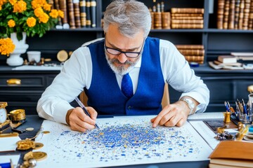 An astrologer sitting at a desk, analyzing a natal chart, surrounded by astrological tools and symbols. Generative AI