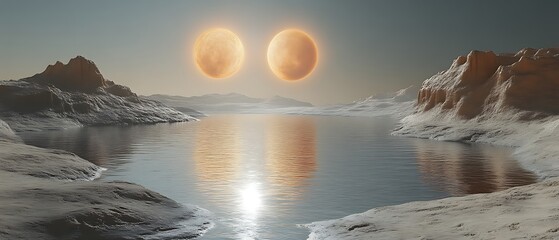 Twin suns set over alien lake.