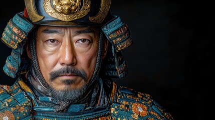 Fototapeta premium Close-up portrait of a serious samurai warrior in traditional Japanese armor.