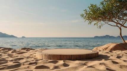 Abstract minimal concept. tree wood and stone decoration podium platform over realistic beige sand beach. Mock up template for product presentation design display. copy text space