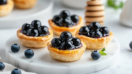 Delicious puff pastry baskets filled with fresh blueberries 