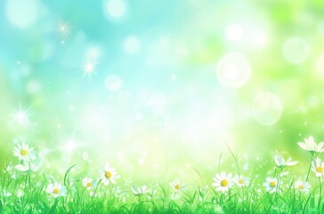 Obraz premium Beautiful and Serene Spring Meadow with Daisies and Soft Bokeh Effect Under a Bright Blue Sky in a Vibrant Natural Landscape Setting