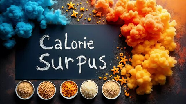 Colorful display with "Calorie Surplus" text and various food items in bowls.
