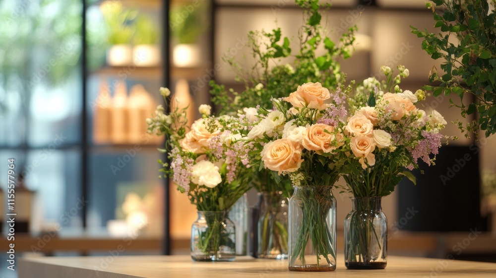 Poster Stylish storefront display featuring elegant flower arrangements in glass vases at a trendy location. Generative AI