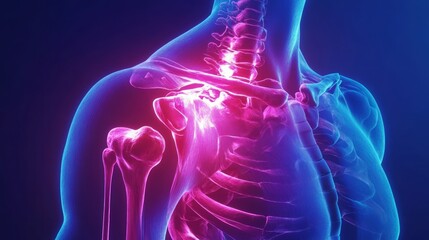 Anterior of human shoulder joint and bones with inflammation 3D rendering.