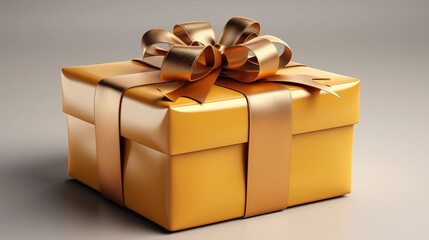 Yellow golden gift box with ribbon. Birthday present mockup. Closed square surprise box. Ideal for promotional campaigns