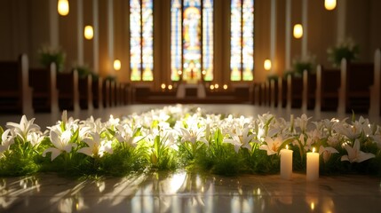 easter church decorations, tranquil church ambiance with candles, lilies, and stained glass windows, capturing the sacred spirit of easter