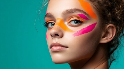 Fototapeta premium colorful face painting, vibrant, energy-filled portrait of a young woman with orange and pink face paint against a bold teal backdrop