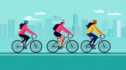 Fototapeta premium Cyclists on city bike lane, vibrant street with pedestrians, healthy city lifestyle