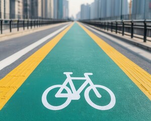 Obraz premium Bicycle lane alongside metro station, highrise background, sustainable public and private transport