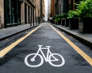 Obraz premium Smooth urban bike lane, clean environment, surrounded by tall buildings, daytime city lifestyle