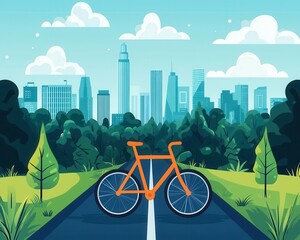 Naklejka premium City bike lane winding through urban park, skyline in background, tranquil and green scene