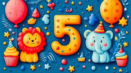 Naklejka premium A cheerful illustration features a bright red number 5 surrounded by playful balloons, a smiling blue elephant, a yellow bear, cupcakes, and colorful confetti.