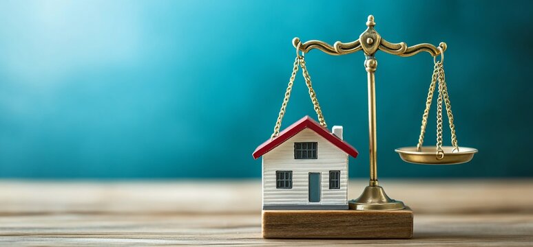 A miniature house balanced on a scale, symbolizing real estate and justice.