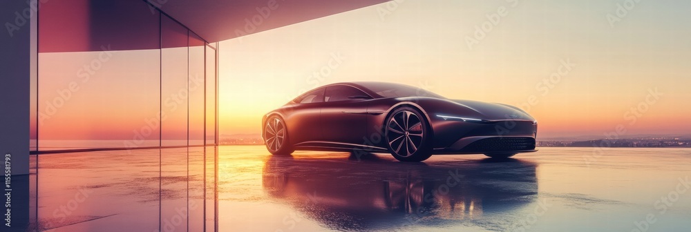 Aufkleber sleek luxury car parked in a modern setting during sunset with stunning reflections on shiny surface