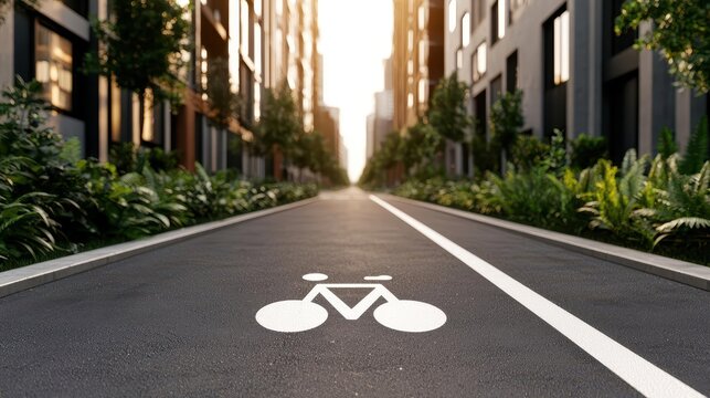 City avenue with dedicated bike lane, early morning scene, modern sustainable commuting