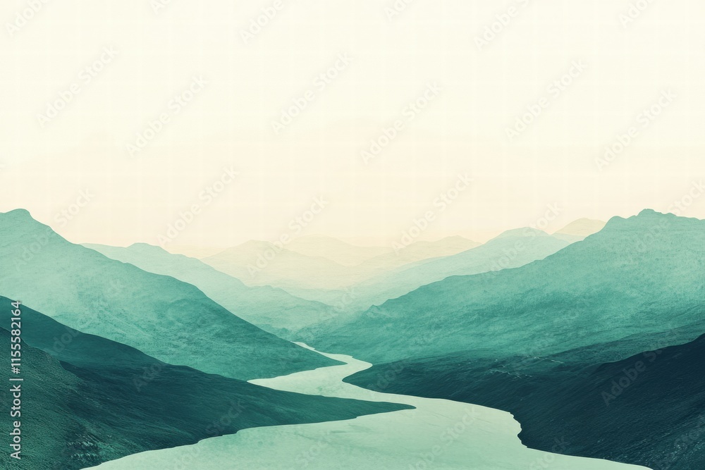 Fototapete Winding river flows through a serene mountain range with minimalistic features and ample copy space for text. Generative AI