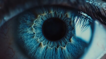 Close up macro photo of a beautiful eye blue iris with a glimpse of the eye pupil.
