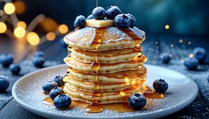 A towering stack of glowing pancakes drizzled with radiant maple syrup that flows like liquid gold.