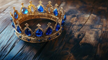Fototapeta premium A medieval-style crown featuring brilliant blue gems, placed on an ancient, rustic wooden table.