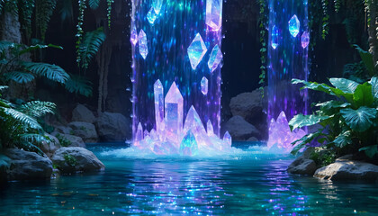 A towering waterfall of glowing crystal shards cascading into a shimmering pool surrounded by lush