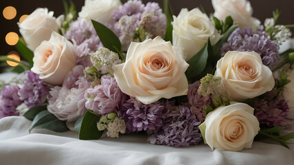 Obraz premium Elegant Peach and Lavender Rose Bouquet Wedding Centerpiece, Romantic Floral Arrangement