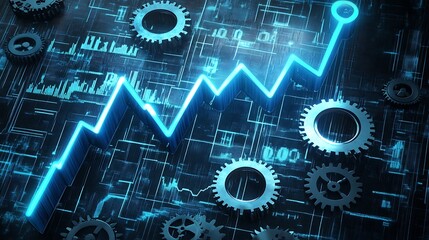 Glowing upward graph among gears and data.