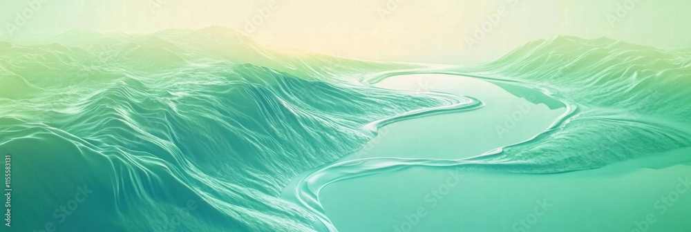 Fototapete explore a serene mountain range with a winding river in a minimalist style suitable for personalized