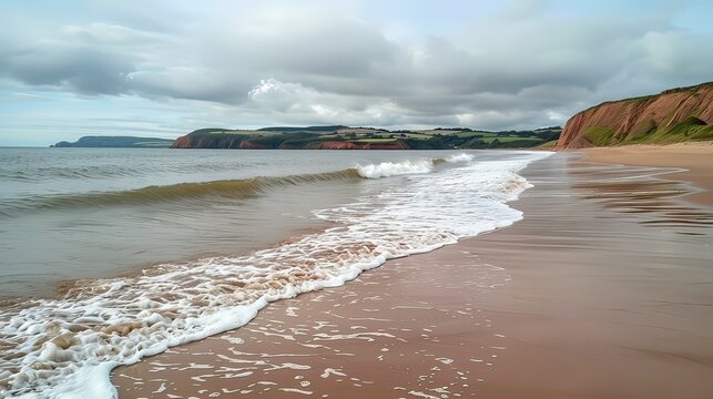 A sandy beach with waves gently rolling onto the shore.