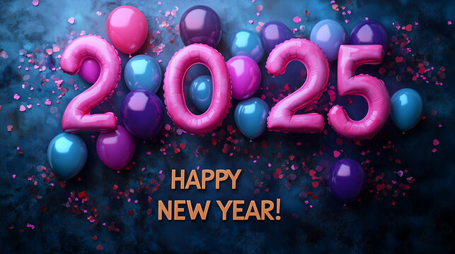 Stylized balloons spelling out "2025," with "HAPPY NEW YEAR!" written beneath.