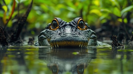 Fototapeta premium Close-up of alligator's head emerging from swamp water, showing detailed texture and intense gaze.
