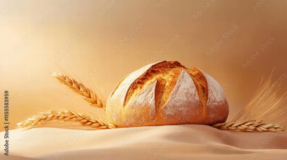 Leinwandbilder minimalist design featuring a loaf of bread with wheat grains on a neutral backdrop for creative use