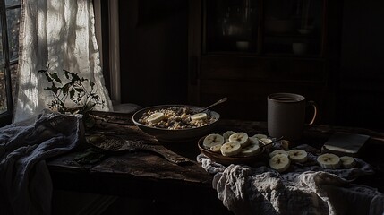 rustic breakfast table setup featuring a bowl of cereal, sliced banana, and a cup of coffee, with a gentle morning sun casting a warm glow. [food]:[Cereals] 