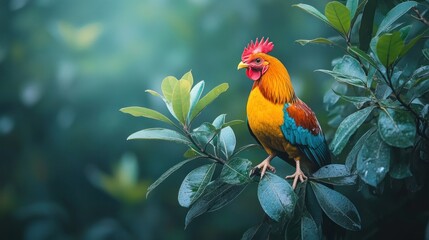 Fototapeta premium Colorful rooster perched on a branch in a lush forest.