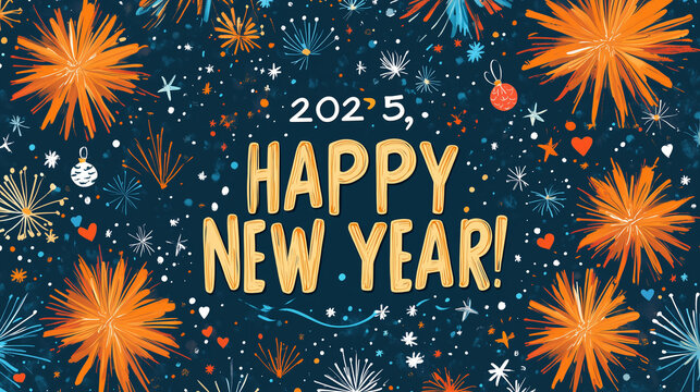 Cheerful cartoon fireworks blasting into "2025," with "HAPPY NEW YEAR!" trailing underneath.