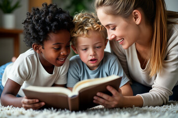Young woman reads a book to kid boys. The boys look at the book with great interest and pleasure.