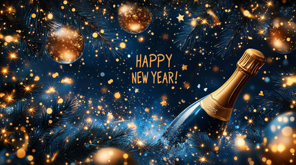 Illustrated champagne bottle spraying golden bubbles, with "HAPPY NEW YEAR! 2025" in elegant script.