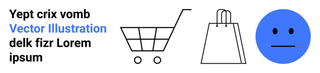 Shopping cart, purchase bag, neutral blue face symbolizing customer satisfaction, and placeholder text. Ideal for e-commerce, marketing, customer feedback, digital interfaces, online retail consumer