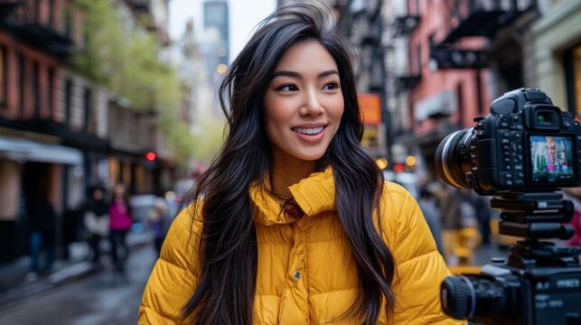 Asian young adult female vlogger filming outdoors in urban street setting
