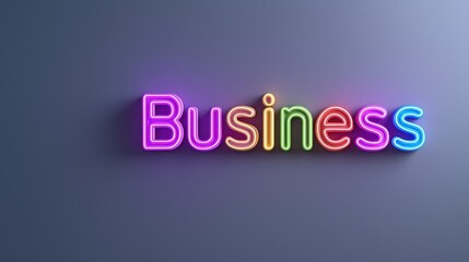 Obraz premium Bright Neon Business Sign with Colorful Letters and Shadows on a Gray Wall Background