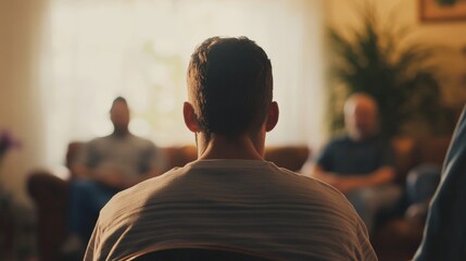 Caucasian adult male in group therapy session with diverse individuals