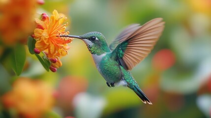 Naklejka premium Hummingbird hovering among vibrant orange flowers in a colorful garden setting