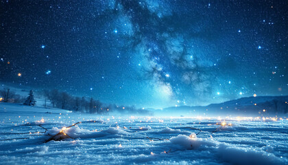 Fototapeta premium An endless snowfield under a cosmic night sky filled with swirling stars and glowing nebulae