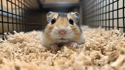 Cute hamster sitting on bedding with curious expression in cozy habitat