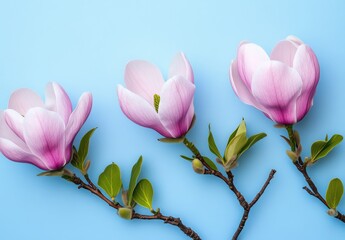 Obraz premium Beautiful Pink Magnolia Flowers on Blue Background with Green Leaves Showcasing Spring Bloom Nature Vibe and Botanical Elegance for Floral Design Projects